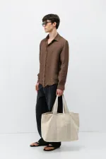 Dokulu Oversize Gömlek Açık Kahve