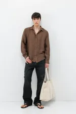 Dokulu Oversize Gömlek Açık Kahve