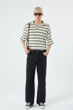 Oversize Çizgili Fermuarlı Yaka Triko Tişört Haki