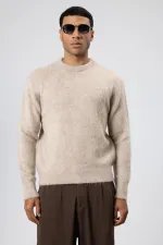 Oversize Yumuşak Dokulu Bisiklet Yaka Kazak Bej