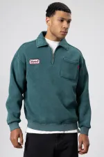 Yaka Fermuarlı Oversize Baskılı Sweatshirt Nefti