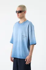Yıkamalı Crop Tişört Açık Mavi