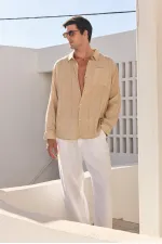 Chemise oversize rayée à manches longues en lin, couleur vison