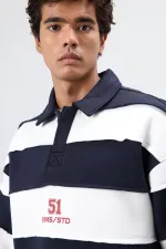 Oversize Şeritli Baskılı Sweatshirt Koyu Lacivert