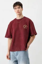 Kısa Kollu Boxy Fit Baskılı Tişört Bordo