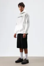 Oversize Baskılı Yıkamalı Hoodie Ekru