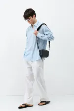 Chemise oversize bleue aspect lin texturé