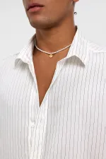 Oversize Çizgili Uzun Kollu Gömlek Beyaz