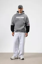 Oversize Baskılı Kapüşonlu Sweatshirt Füme