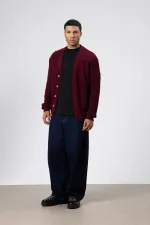 V Yaka Düğmeli Örgü Hırka Kazak Bordo