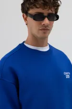 Oversize Bisiklet Yaka Baskılı Sweatshirt Saks