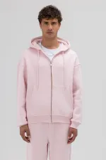 Basic Fermuarlı Oversize Kapüşonlu Sweatshirt Pembe