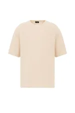 Arka Yazı Baskılı Oversize Triko Tişört Bej