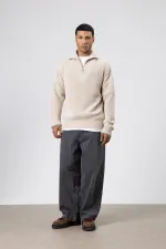 Yarım Fermuarlı Triko Kazak Taş