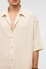Oversize Çizgili Kısa Kollu Keten Gömlek Vizon