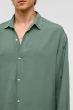 Oversize Uzun Kollu Keten Gömlek Haki