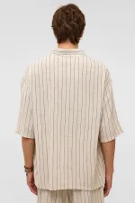 Oversize Çizgili Kısa Kollu Keten Gömlek Siyah