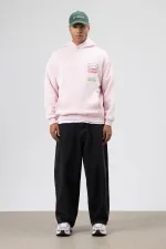 Oversize Washed Print Hooded Sweatshirt Pink