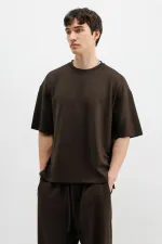 Fitilli Dokulu Oversize Tişört Koyu Kahve