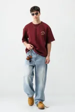 Kısa Kollu Boxy Fit Baskılı Tişört Bordo