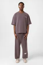 Label Detailed Oversize Modal Fabric Tracksuit Set Coffee