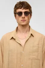 Chemise oversize rayée à manches longues en lin, couleur vison