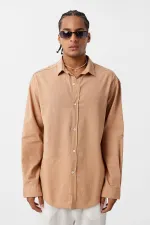 Basic Oversize Pamuk Keten Gömlek Camel Basic Oversize Pamuk Keten Gömlek Camel