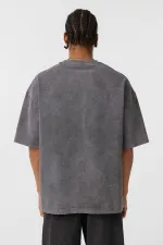 Yıkamalı Oversize Baskılı Tişört Füme