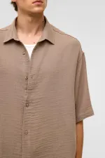Oversize Kısa Kollu Müslin Kumaş Gömlek Bej