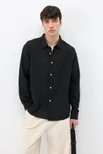 Textured Linen Look Oversize Shirt Black