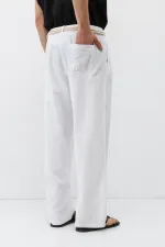 Kemer Detaylı Oversize Keten Pantolon Ekru