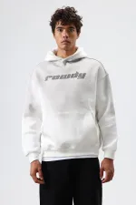 Oversize Baskılı Yıkamalı Hoodie Ekru