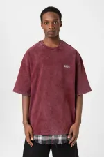 Yıkamalı Oversize Ekose Detaylı Tişört Bordo