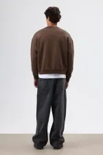 Oversize Bisiklet Yaka Cepli Sweatshirt Kahve