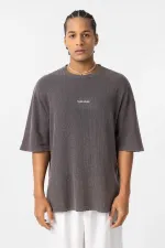 Yıkamalı Arka Baskılı Oversize Tişört Kahve