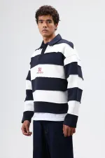 Oversize Şeritli Baskılı Sweatshirt Koyu Lacivert