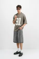 Baskılı Fitilli Oversize Tişört Haki