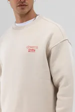 Oversize Bisiklet Yaka Baskılı Sweatshirt Taş