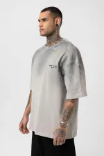 Yıkamalı Yazı Detaylı Oversize Tişört Gri
