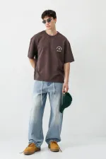 Kısa Kollu Boxy Fit Baskılı Tişört Kahve