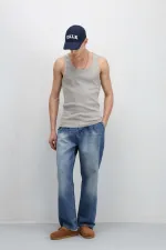 Pleated Baggy Jeans with Chain Detail, Blue