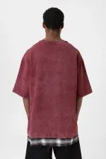 Yıkamalı Oversize Ekose Detaylı Tişört Bordo