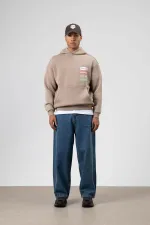 Oversize Yıkamalı Baskılı Kapüşonlu Sweatshirt Vizon