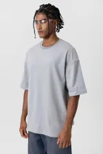 Basic Oversize Bisiklet Yaka Tişört Gri