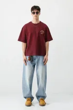 Kısa Kollu Boxy Fit Baskılı Tişört Bordo