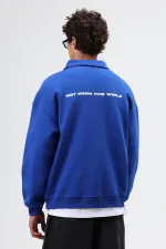 Polo Yaka Oversize Baskılı Yıkamalı Sweatshirt Saks