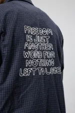 Oversize Baskılı Günlük Kareli Gömlek Lacivert