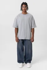 Basic Oversize Bisiklet Yaka Tişört Gri