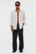 Oversize Çizgili Uzun Kollu Gömlek Beyaz