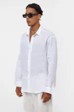 100% Linen Oversize Long-Sleeve Shirt, Ecru